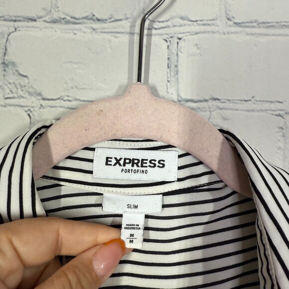 Express Portofino Slim Button Shirt Women Small Striped Roll Tab Sleeve Preppy - Picture 4 of 12